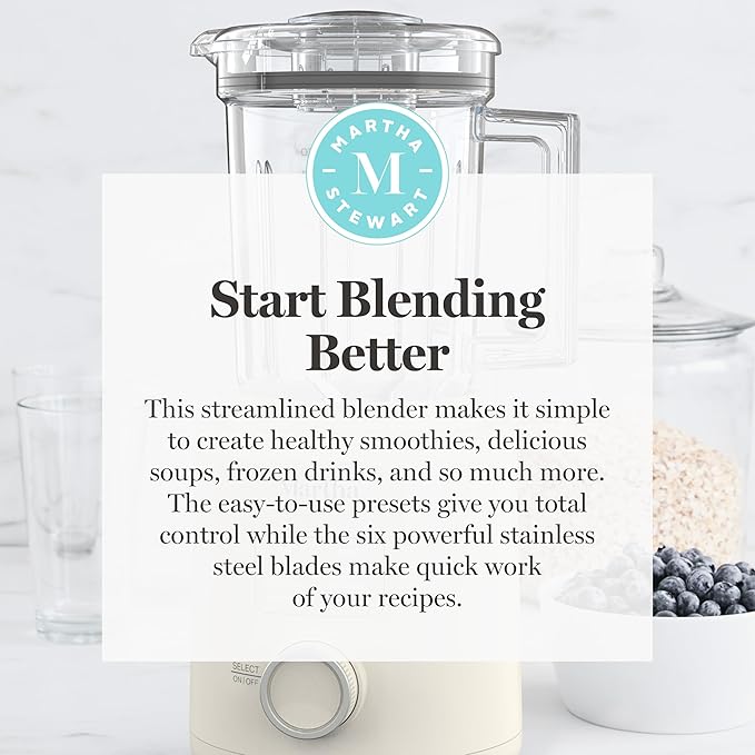 Martha Stewart 50oz Countertop Blender, Smoothie, Margarita & Ice Crushing Blender, BPA-Free Pitcher, 3 Speeds, 5 Presets, Auto-Clean Function, Dishwasher Safe, Stainless Steel Blades, Linen Cream