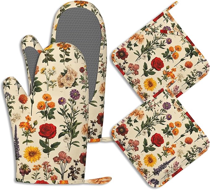 Wildflowers Red Rose Pot Holders and Oven Mitts Set Silicone Vintage Herb Kitchen Gloves Potholders Heat Resistant Washable,Chef Cooking Baking Gifts for Women Men Bakers Lover Cooks