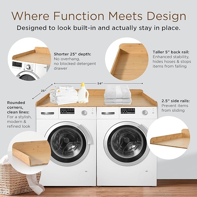 Solid Bamboo Washer Dryer Countertop, Laundry Wood Shelf Topper with Non-Slip Pads, Edge Rails and High Back Rail for Laundry Room Storage & Organization, Washer Dryer Counter Storage, 25"W x 54" L