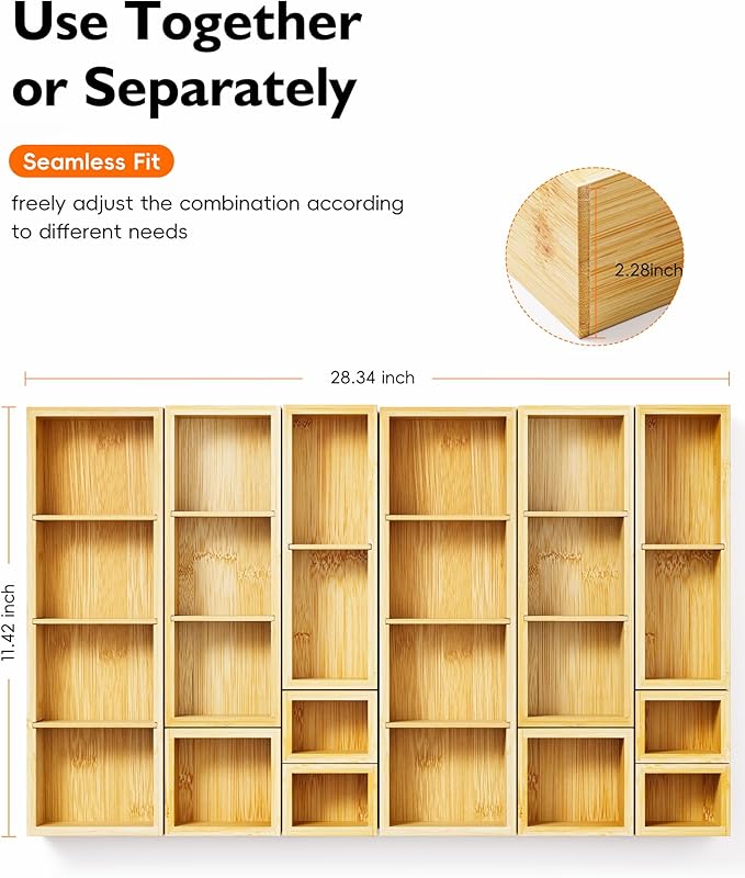 12-Piece Bamboo Desk Drawer Organizer Set – Adjustable Storage Boxes with 24 Compartments, Non-Slip, Modular Design for Office, Jewelry, Vanity, and Kitchen Utensil Drawer Storage