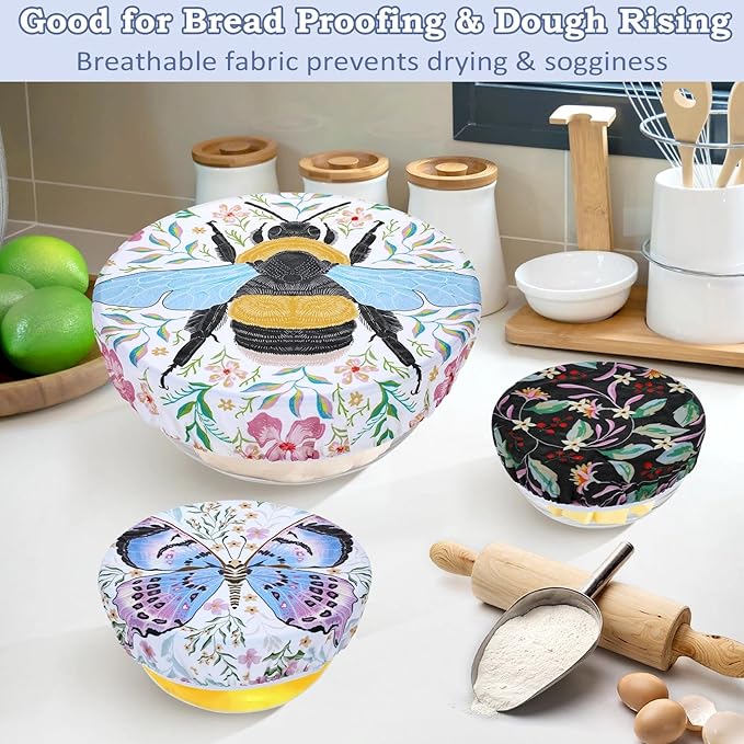 5-Size Reusable Beeswax Bowl Covers for Bread Proofing, Cotton Cloth Flexible Beeswax Wraps for Food Storage(Honeybee)