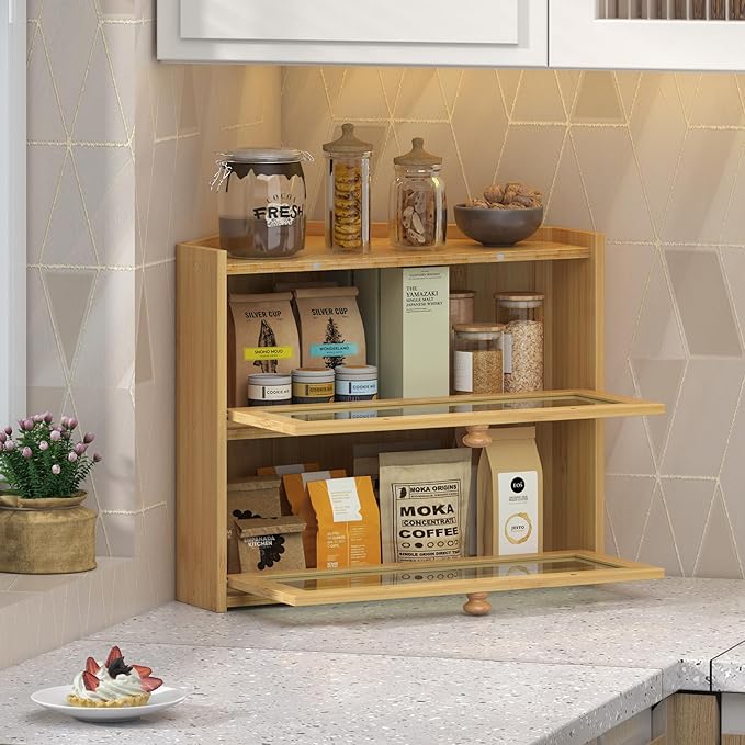 JANSNIMEN Bamboo Corner Bread Box for Kitchen Countertop, Large Bread Container Storage Bamboo Wooden Farmhouse Bread Box with Window Bread Holder