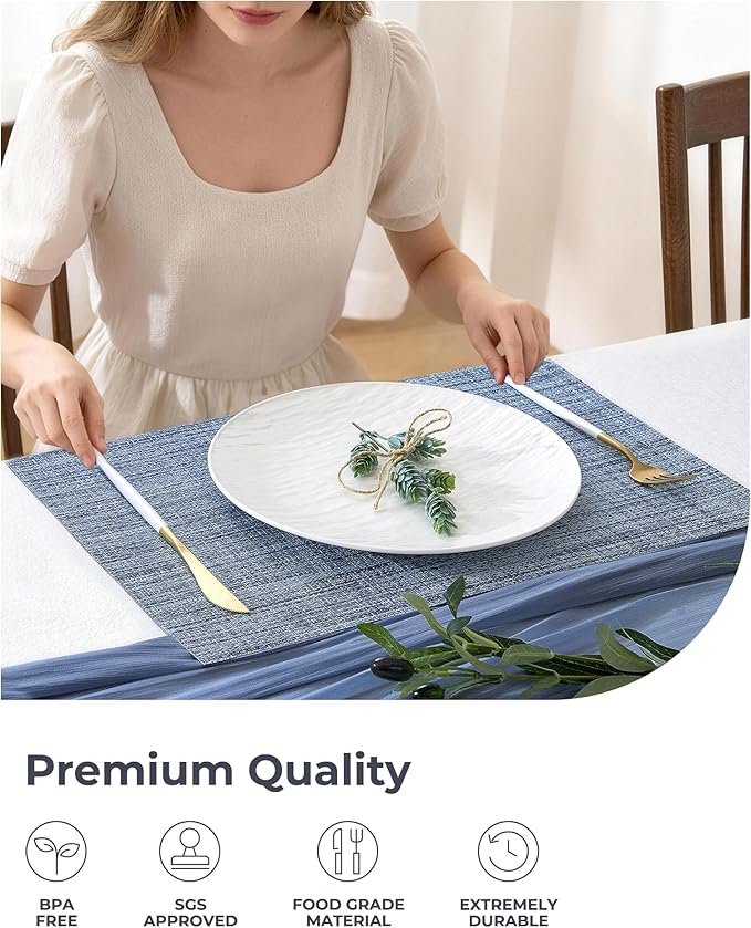 Leetaltree Deep Navy Woven Placemats Set of 12 - Heat Resistant Non-Slip Place mats for Dining Table, Washable Durable PVC Vinyl Woven Table Mats(Deep Navy, 12)