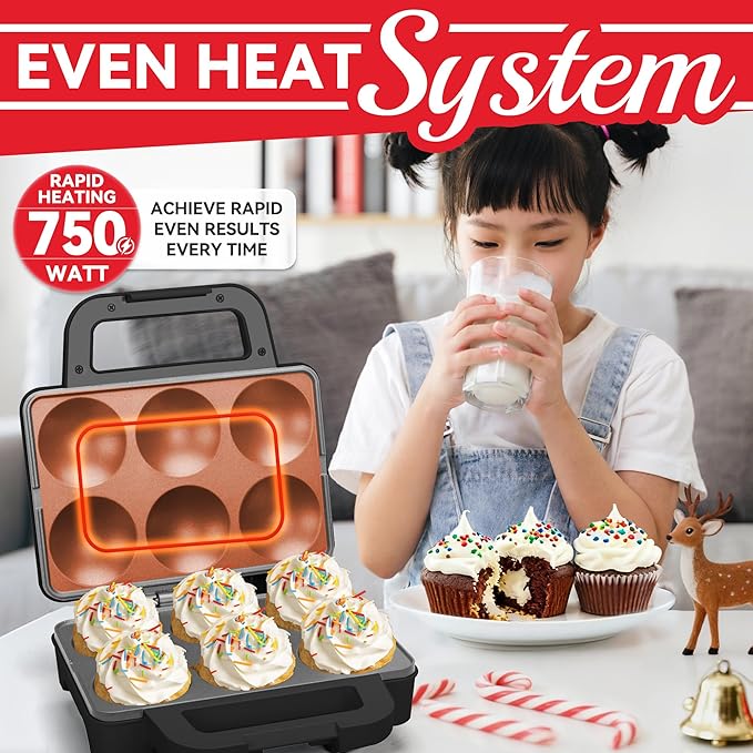 SugarWhisk 6-Count Cupcake Maker Machine, Bakes 6 X 2.5 Inch Cupcakes, Muffins, Pizza Cups, Cinnamon Buns, Cool-touch Handle, Non-stick Coating, Recipe Included, Graphite