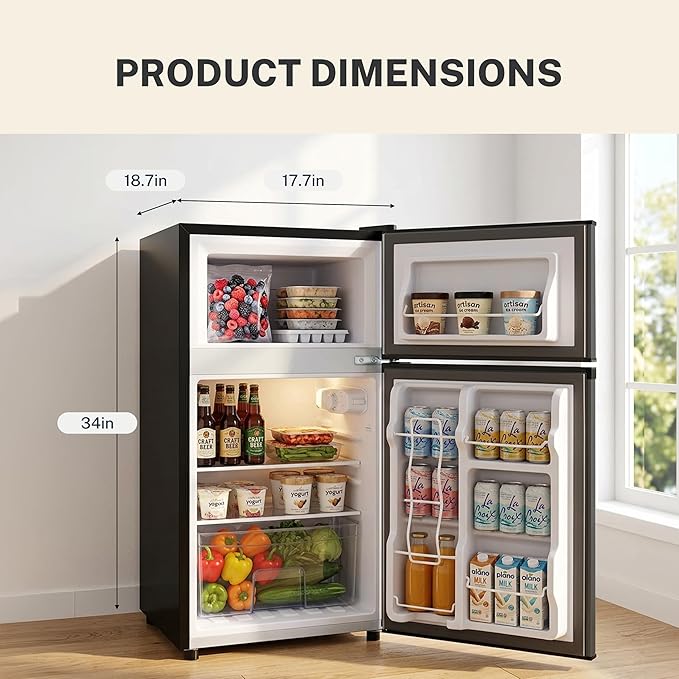 3.2 Cu.Ft Mini Fridge with Freezer, 2 Door Small Refrigerator with Adjustable Thermostat Energy-efficient Low Noise, Compact Fridge for Bedroom, Office, Dorm, Black