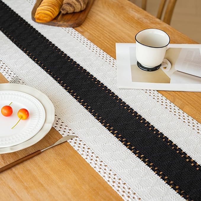 FEXIA Boho Table Runner for Home Decor with Tassels 48 Inches Long,Black Farmhouse Rustic Table Runner Macrame Burlap Table Decoration for Living Room Bridal Shower(12x48 Inches)