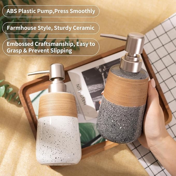 Hand Soap Dispenser, Ceramic Liquid Soap Dispenser for Bathroom Countertop Dish Hand Soap Dispenser for Kitchen Sink, Bathroom Lotion Bottle Dispensers Boho Kitchen Home Decor,15 OZ Grey