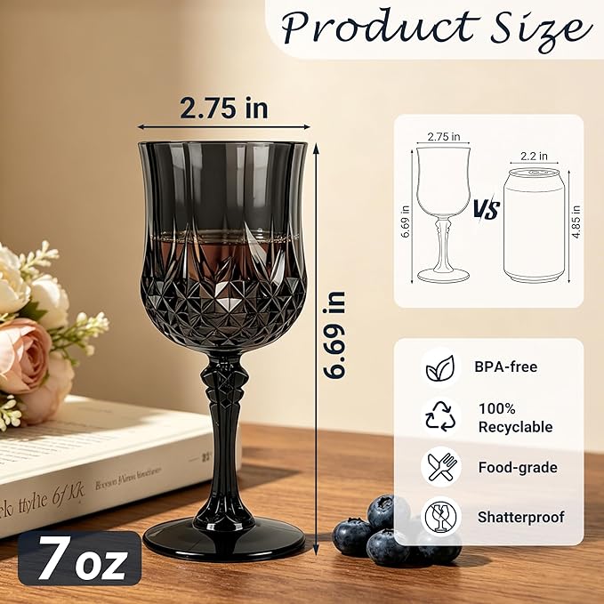 Plastic Wine Glasses, Plastic Goblets Vintage Style Cordial Unbreakable Drinking Glasses, Reusable Drinkware for Wedding Reception, Grand Event Party Supplies (24, Black)