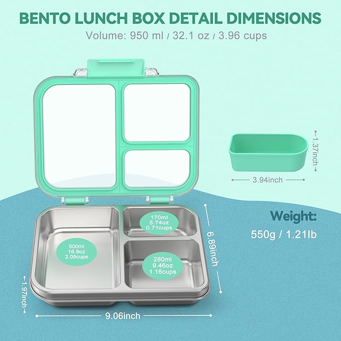 Stainless Steel Bento Box for Kids, 3-Compartment Metal Lunch Box with Clear Lid & Removable Silicone, Lunch Box Kids with Silicone Inner Container for Meal Prep, School, Office (Blue)