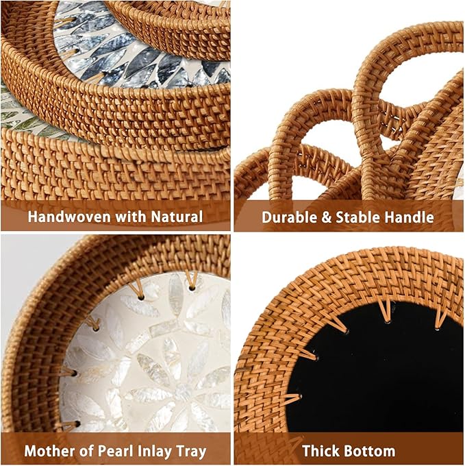 Round Rattan Tray Set (3-Piece) with Mother of Pearl Inlay & Wooden Base | Decorative Wicker Serving Basket | Storage for Coffee, Bread, Fruit | Table, Kitchen Island Decor