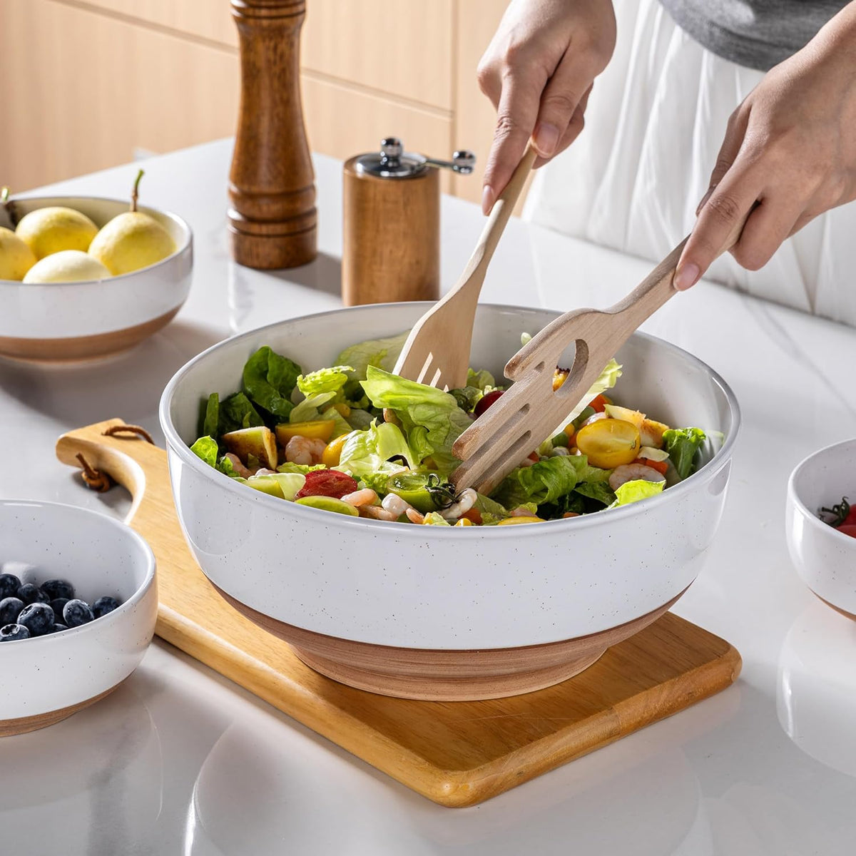 AmorArc 9.8’’ Ceramic Serving Bowls, 95 OZ Extra Large Salad Bowls Set of 2, Stoneware Oversized Bowls with Rustic Terracotta Underside for Salad, Soup and Dinner. Large Bowls for Entertaining&Gift