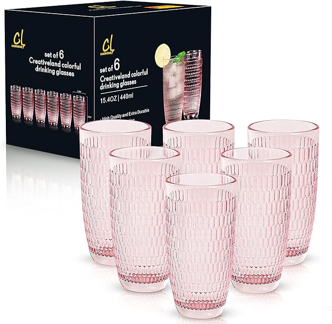 CREATIVELAND Highball Beverage Glasses Set of 6 Romantic PINK Colored Thick & Heavy Base Big Capacity 14.87oz|440ml, Drinking Glass Tumblers for Iced Tea, Water, Soda & Juice and Cocktails etc