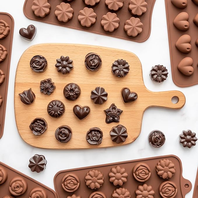 6 Pack Flower Shape Chocolate Candy Molds Silicone, Food-Grade Non-Stick Jelly & Baking Molds, Crayon Molds, BPA-Free, Including Heart, Rose, Tulip, Daisy, Sunflower, and Other Flowers (Brown)
