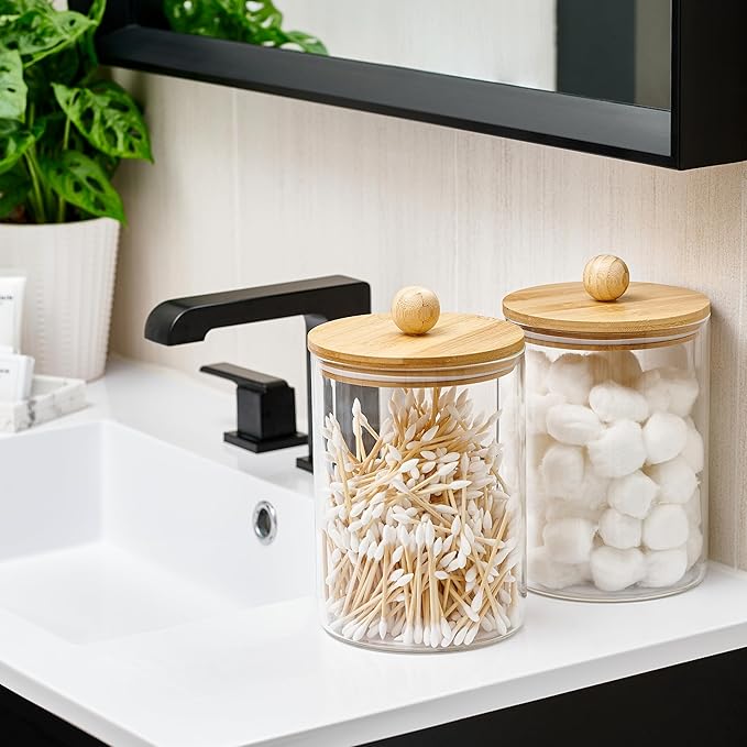 Le'raze 1 Gallon Glass Canister Set for Kitchen Counter with Airtight Bamboo Lids + Marker & Labels - of 2 Large Cookie Jars Wooden Lid, Food Storage Containers Pantry, Flour, Sugar, Pasta, Candy,
