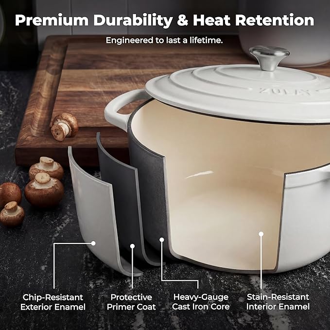 Zulay Kitchen 5 Quart Enameled Cast Iron Dutch Oven Pot with Lid – Premium Durability & Oven Safe up to 500°F – Heavy Duty Cookware Perfect for Bread Baking, Stews, Braising & Roasting – White