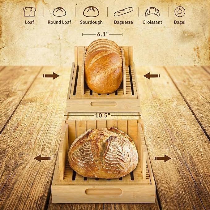 Sourdough Bread Slicer for Homemade Bread - 10.5" Extra Wide Premium Bamboo Guide for Large Round Loaves & Artisan Baking - Heavy Duty Stable Mortise-Tenon Structure with Crumb Catcher Tray