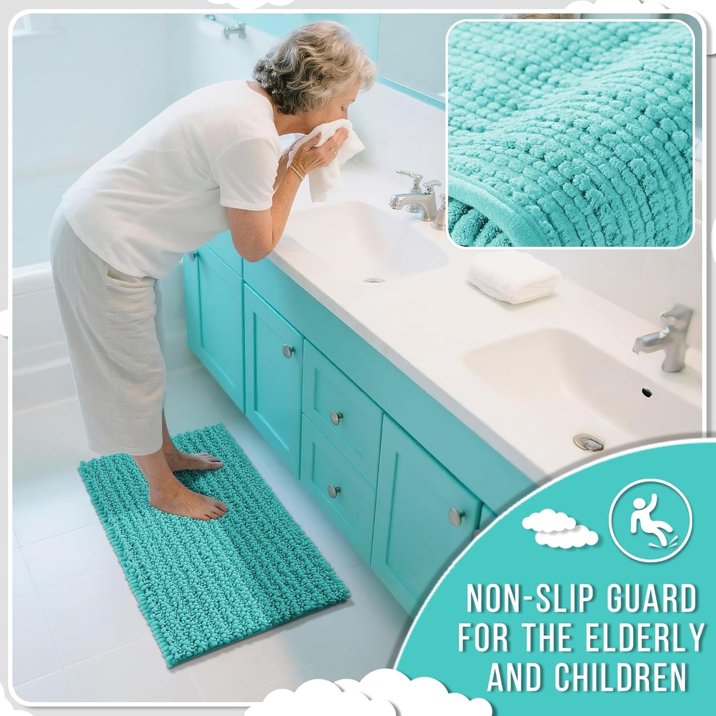 Yimobra Bathroom Rugs Non Slip Washable 32x20 Inch - Ultra Soft Absorbent Chenille Bath Mat, Quick Dry Shaggy Floor Carpet for Tub Shower, Lake Blue Home Decor Accessories