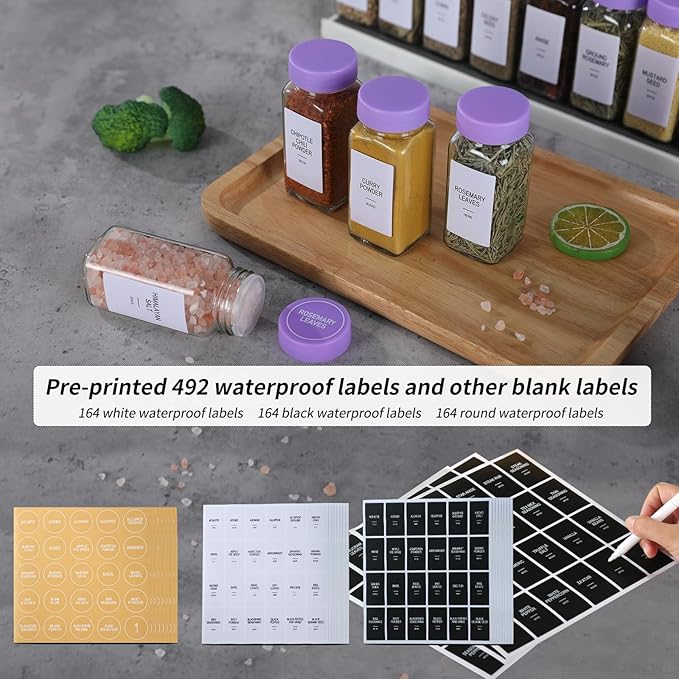 24 Glass Spice Jars with Labels, Spice Jar Set, 4oz Spice Containers, Seasoning Containers with Purple Airtight Lids and Shaker Lids, Square Empty Spice Bottles, 492 Labels, 1 Funnel