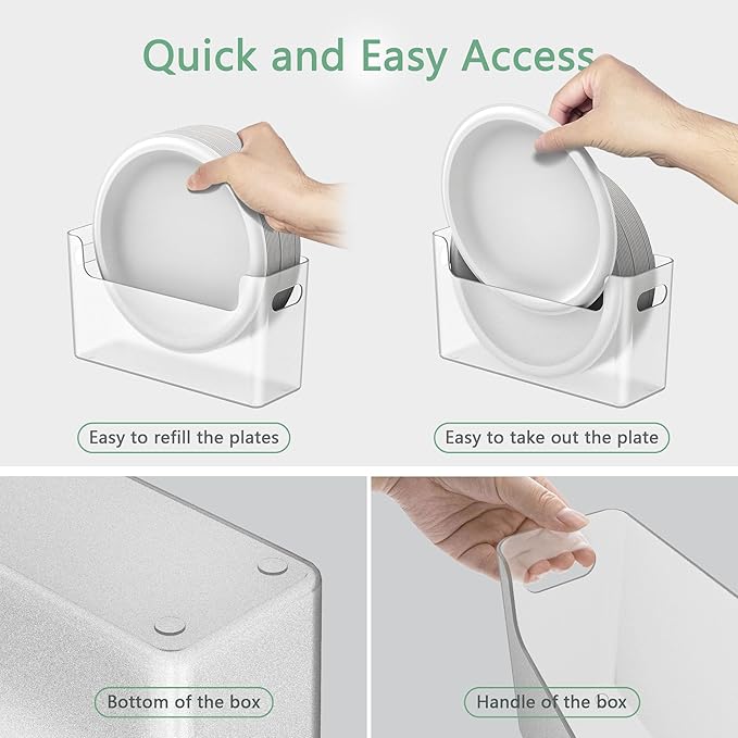 3Pcs Paper Plate Dispenser for 6-9.5 Inch Disposable Plates, Space-Saving Plastic, Foam and Paper Plate Storage Organizer for Cabinet, Countertop, RV or Outdoor (Transparent)