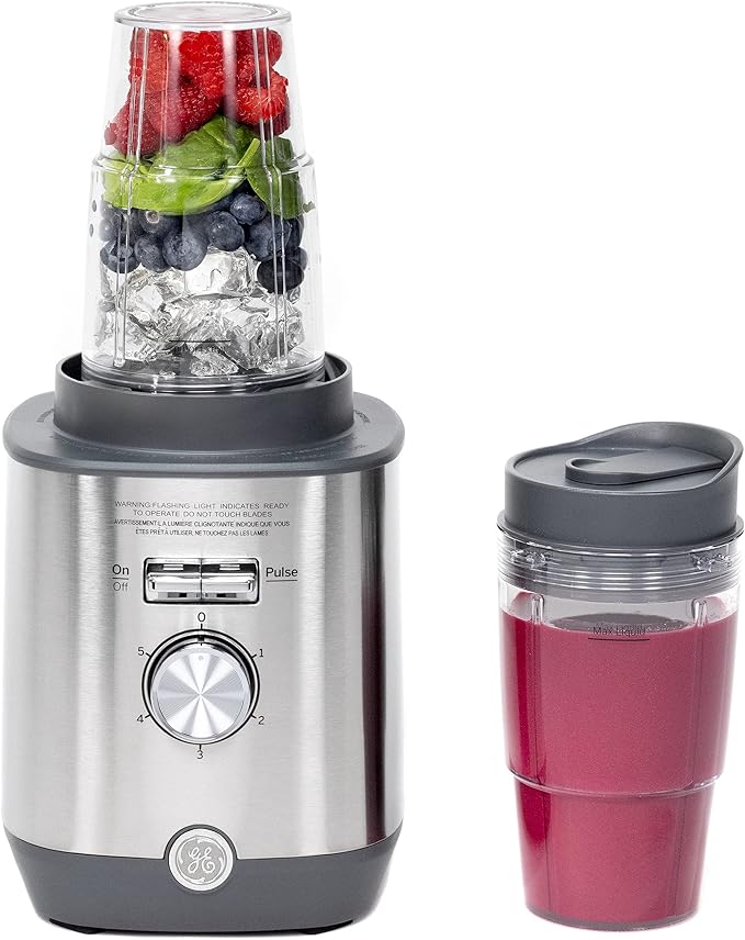 GE 5-Speed Blender + (2) 16 Ounce Blender Cups | Kitchen Essentials for Shakes, Smoothies & More | Large 64 oz Tritan Jar, 8-10 Servings | Stainless Steel Blades & Exterior Finish| 1000 Watts