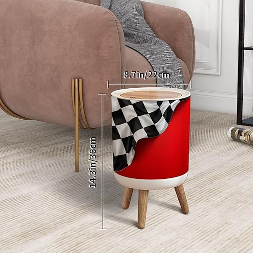 Trash Can with Lid Checkered Flag Press Top Round Small Garbage Bin with Wooden Legs Waste Basket for Kitchen Bedroom Nursery 7L/1.8 Gallon