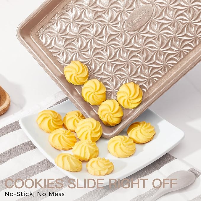 HONGBAKE Nonstick Baking Sheet Pan Set of 3, Cookie Sheets for Oven, Non-Toxic Half/Quarter/Jelly Roll Pans with Floral Swirl Texture, Heavy Duty 0.8mm Thick Oven Trays for Cooking, Champagne Gold