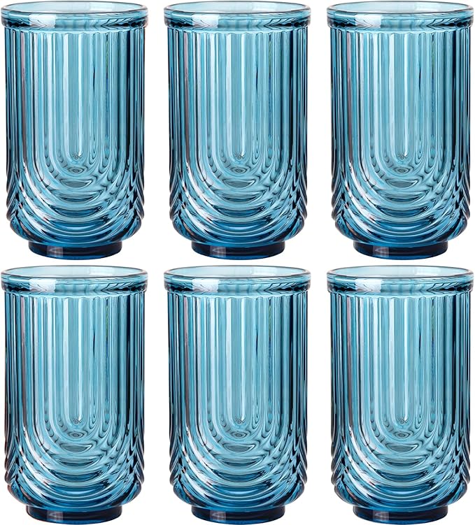 JOVGANK Blue Vintage Glassware Set of 6-17Oz Blue Water Drinking Glass, Art Deco Ripple Highball Glass, Whiskey Cocktail Glasses, for Bar Ice Coffee Juice, Housewarming Gifts and Mother's Day Gift