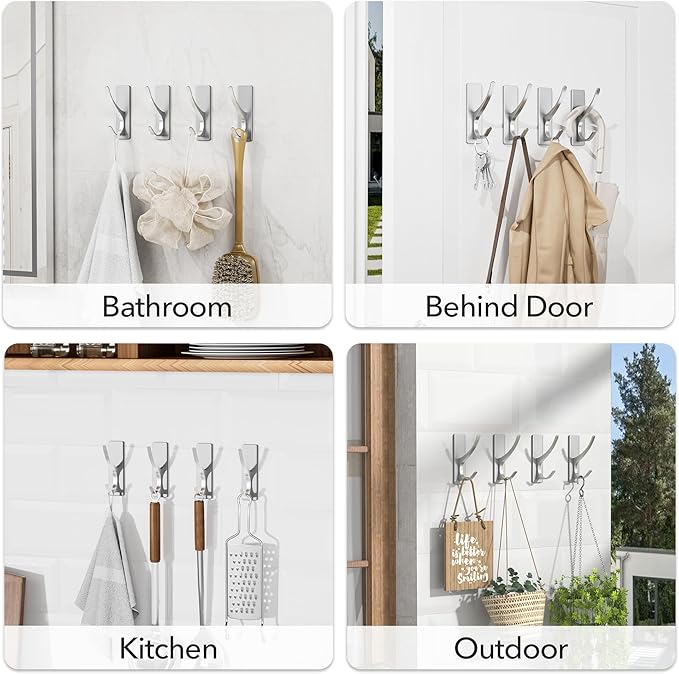pickpiff Silver Self Adhesive Coat Hooks for Hanging: 13LB Extra Strong Stainless Wall Hook for Towel, Utensil, Backpack, Hat, Sturdy Metal Hanger for Bathroom, Kitchen, Door, 4-Pack