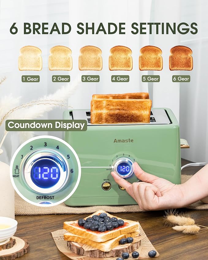 2 Slice Toaster, Retro Bread Toaster with LED Display, Extra Wide Slots Toasters with 6 Bread Shade Settings, Bagel, Cancel, Defrost Function, Stainless Steel with High Lift Lever, Removal Crumb Tray
