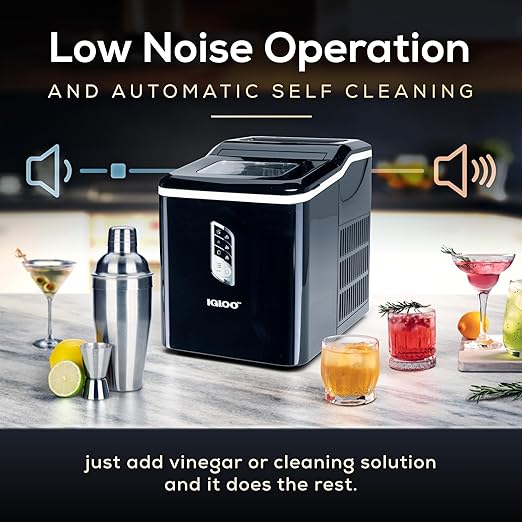 Igloo Handled Portable Ice Maker with Scoop - Ice Maker with LED Control Panel & 1 Quart Water Tank - Ice Cube Maker Produces 26 Lbs. of Ice in 24 Hours with 9 Large or Small Cubes In 7 Minutes- Black