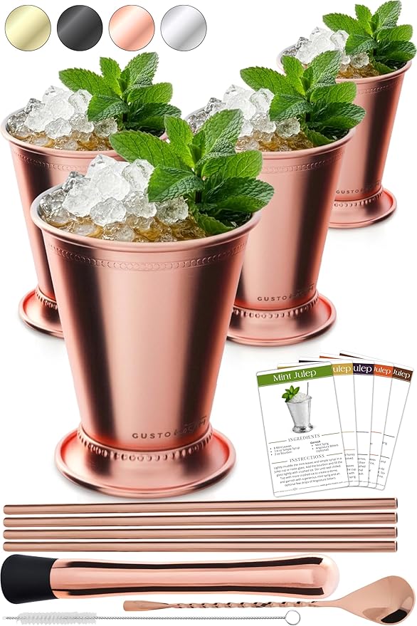 Gusto Nostro Mint Julep Cups Set of 4 - Stainless Steel Julep Cup Kit with Straws, Muddler, Spoon, Recipes, Vases - Southern-Style Cocktail Glasses for Home Bar - Stainless Steel Cocktail Cups (Rose)