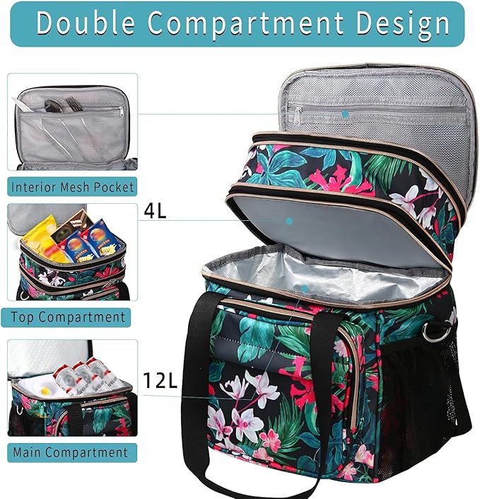 GLENKEY Versatile Lunch Box Cooler Bag - Expandable Insulated Lunch Bag Tote for Women - Large Lunchbox for Adults Work Office Outside Trips Floral 16L