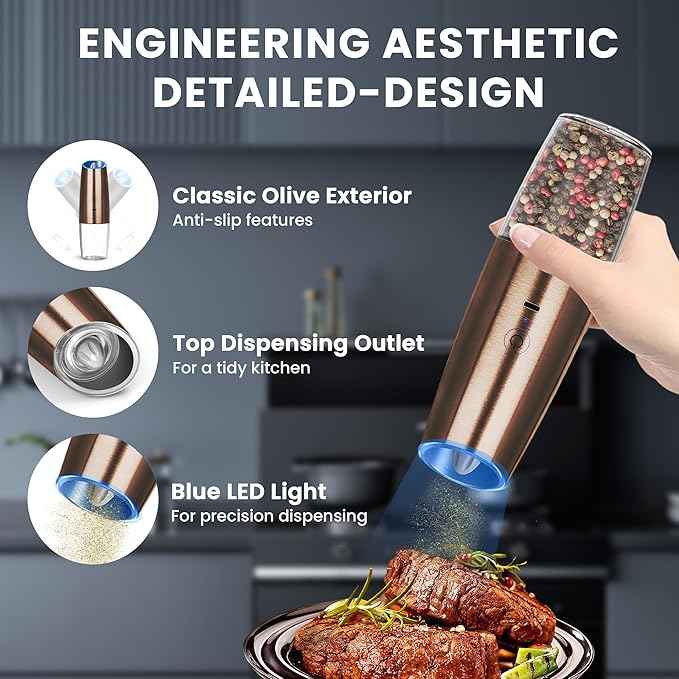 Rechargeable Electric Salt and Pepper Grinder set of 2, gravity electric salt and pepper grinder set, Adjustable Roughness, LED Light, 2 Pack, (Copper)
