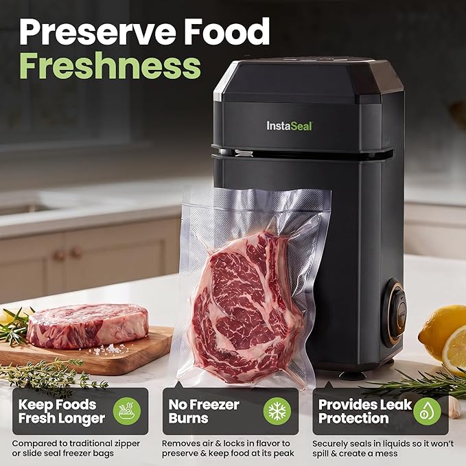 InstaSeal Vacuum Sealer for Food with 12 Bags, Preserves Foods 5x Longer, Space Saving Compact Upright Design Allows Machine to Heat Seal Marinades, Soups, Meats for Sous Vide Cooking
