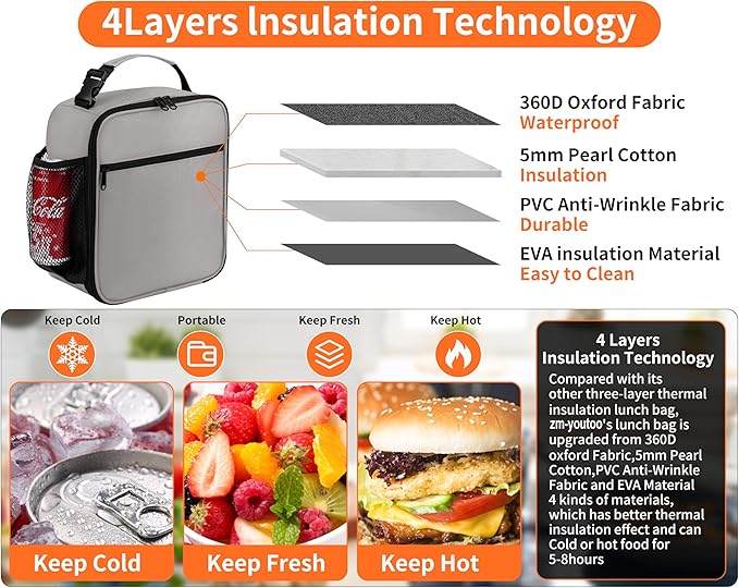 ZM-YOUTOO Lunch Box for Men - Reusable Lunch Bag Men Adult Women- Insulated Small LunchBox (Light Gray)