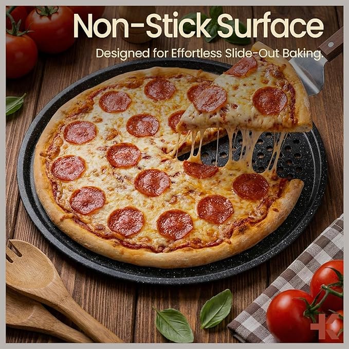 Bakken- Swiss Non-Stick Pizza Pan with Holes - 13-Inch Perforated Pizza Crisper Carbon Steel Pizza Pan - 2 Round Pizza Trays - PFOA PFOS and PTFE Free