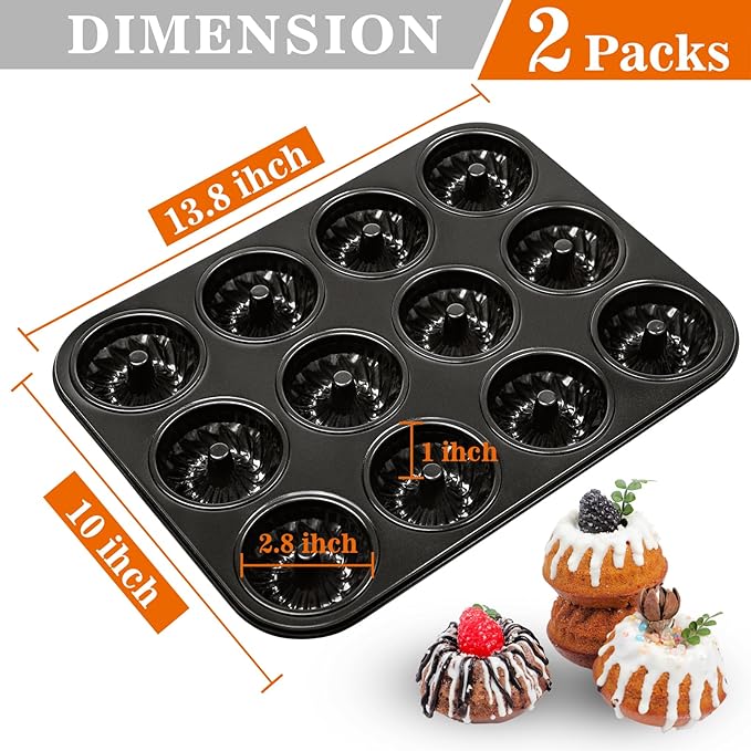 Webake 2 Pack Mini Fluted Tube Cake Pan, Non-Stick 2.8 Inch Cake Pans, Heavy Gauge Carbon Steel 12-Cavity