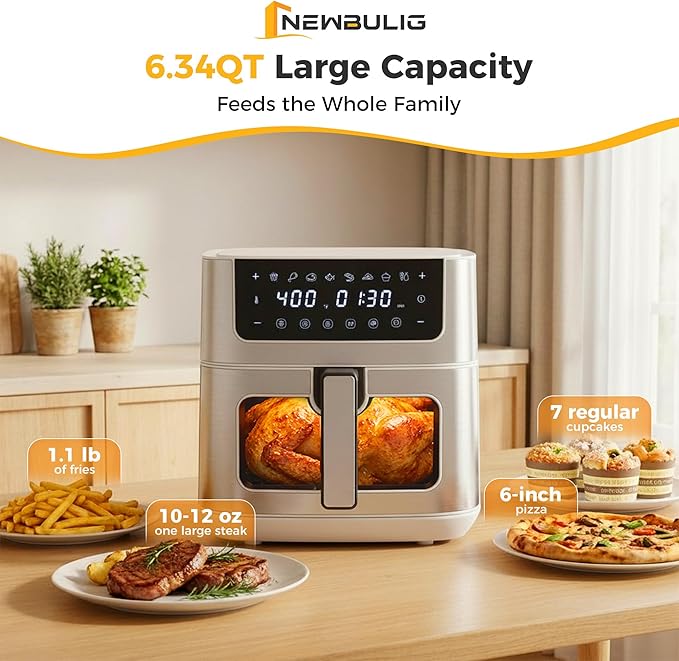 NEWBULIG Air Fryer 6.34QT, Airfryer with Visible Window, 400℉ Fast Heating Air Fryers Oven with Nonstick and Dishwasher-Safe Basket, 8-in-1 Cooking Preset, Timer，Auto-Off, Stainless Steel, White