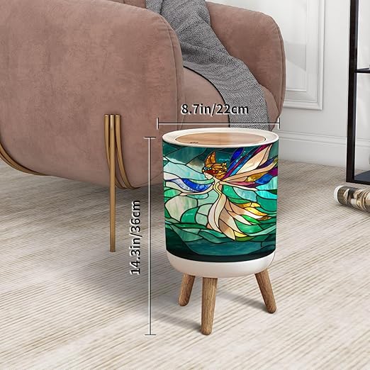 Trash Can with Lid Vibrant Fairy Blossoms Stained Glass Tableaux Press Top Round Small Garbage Bin with Wooden Legs Waste Basket for Kitchen Bedroom Nursery 7L/1.8 Gallon