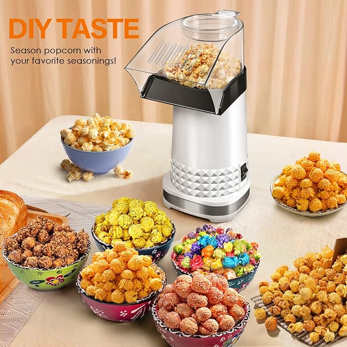 Quick & Easy 4.5Qt Oil-Free Hot Air Popcorn Machine - ETL Certified with Butter Melter, Measuring Cup & On/Off Switch for Movie Nights & Parties(White)