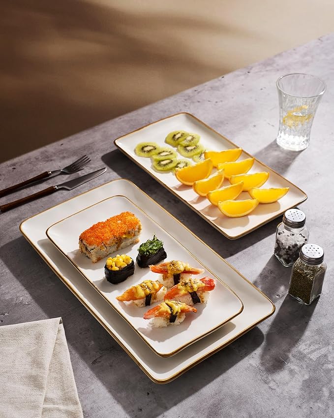 Famiware Serving Platter, Rectangular 15.67/14.1/12.6inch Serving Dishes for Entertaining, Dishwasher Safe, Stoneware Serving Trays for Party, Food, Turkey, Snack, Cheese, Reactive Glaze, Matte White
