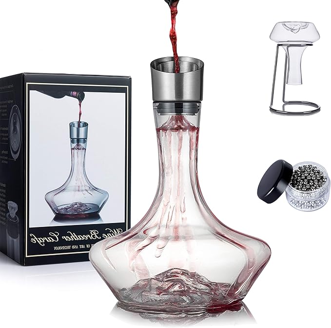YouYah Iceberg Wine Decanter Set with Wine Chiller Stick 3-in-1 Stainless Steel Wine Bottle Cooler Stick, Red Wine Carafe with Aerator Filter,Drying Stand and Cleaning Beads, Wine Aerator, Wine Gift