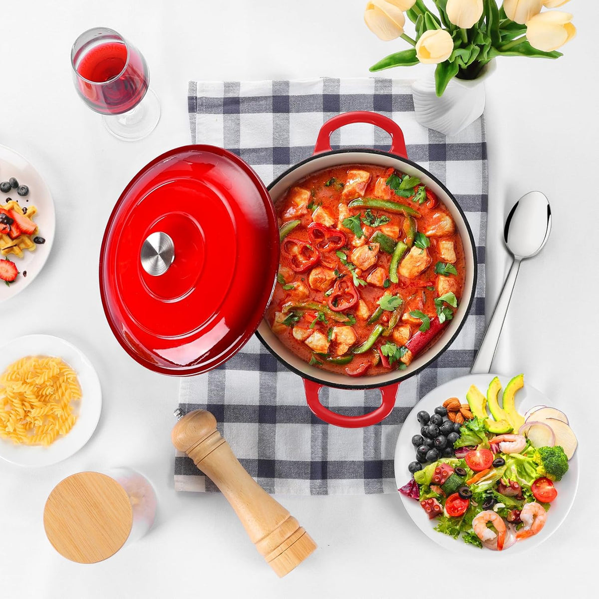 P&P CHEF 5QT Enameled Dutch Oven, Cast Iron Dutch Oven Pot with Lid for Bread Baking, Enameled Casserole Pot for Roasting Braising Stewing Frying Simmering, Various Stoves & Easy Clean, Red