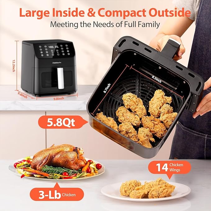 Beelicious 5.8QT Large Air Fryer, 12-in-1 Digital Airfryer with View Window Air Fryers, 40+ Recipes, Flavor-Lock Tech, Dishwasher Safe,Shake Reminder, Compact, Quiet, Nonstick. Black