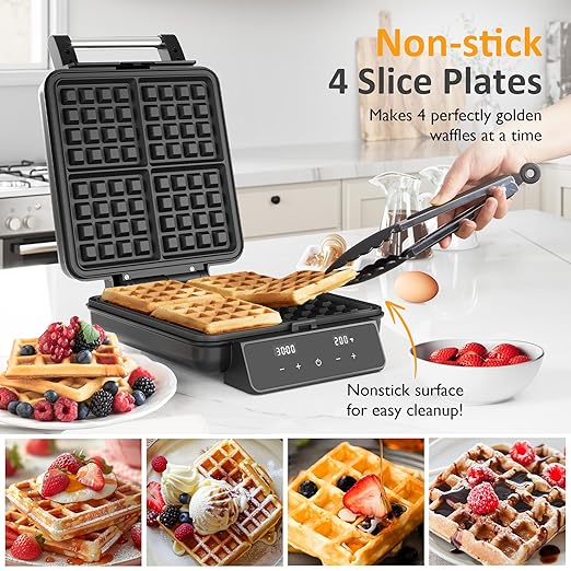 Sunvivi Stainless Steel Waffle Maker 4 Slices with Quick Heat-Up, Time & Temperature Control, LCD Display, Nonstick Surface, Perfect Waffle Iron for Kids and Families, Silver