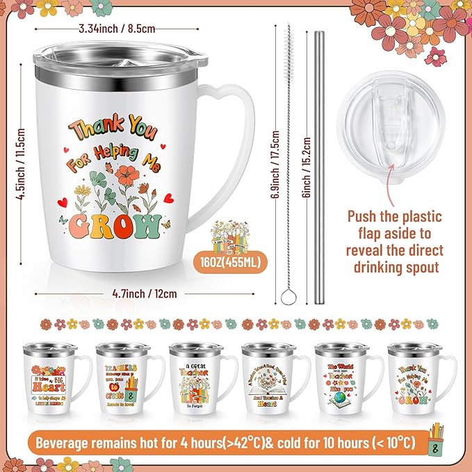 Maxcheck 6 Pcs Christmas Teacher Appreciation Gifts Mugs Bulk 16oz Thank You Teacher Stainless Steel Tumblers Inspirational Insulated Coffee Cups with Handle Lids Straw for Women Birthday Gifts