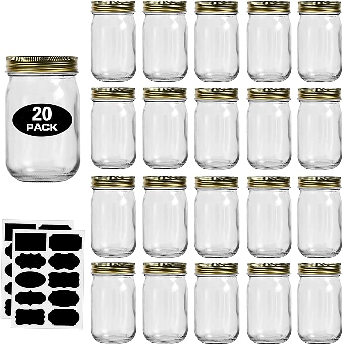 12oz Glass Jars With Lids Regular Mouth 20 Pack -Mason Jars 12 oz For Crafts, Meal Prep, Canning Jars For Food Storage Frascos De Vidrio Con Tapa Para Conservas-with 20 Chalkboard Stickers-Gold Lid