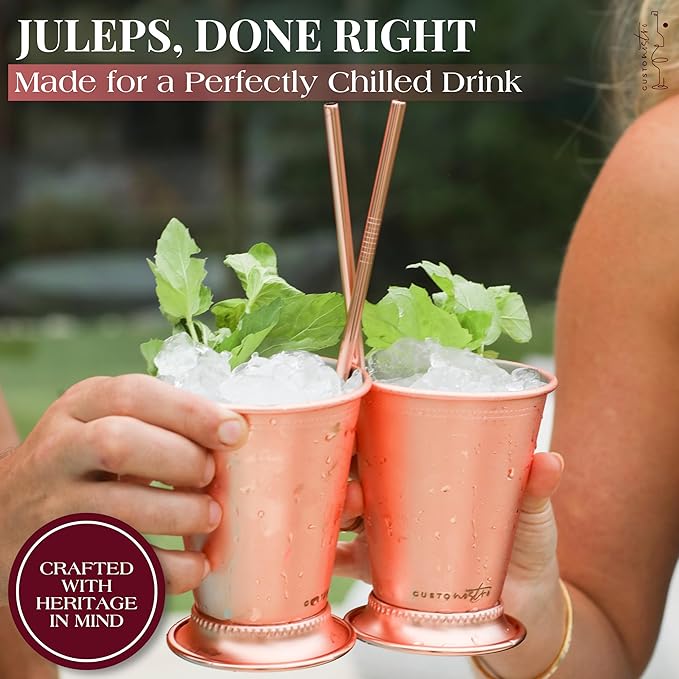 Gusto Nostro Mint Julep Cups Set of 4 - Stainless Steel Julep Cup Kit with Straws, Muddler, Spoon, Recipes, Vases - Southern-Style Cocktail Glasses for Home Bar - Stainless Steel Cocktail Cups (Rose)
