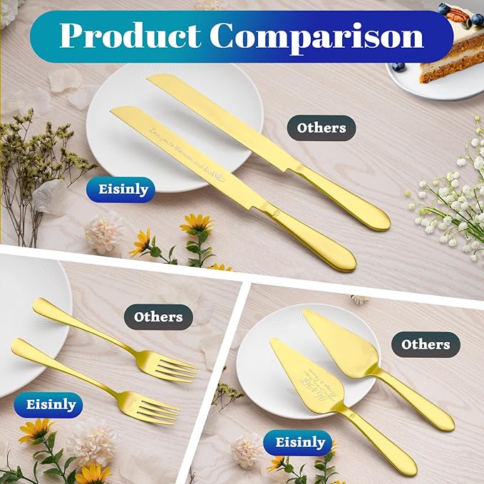 Eisinly Cake Cutting Set for Wedding, Elegant Cake Knife and Server Set with Stainless Steel Forks, Cake Cutter and Pie Spatula for Engagements, Anniversary, Bride and Groom, 4Pcs, Gold