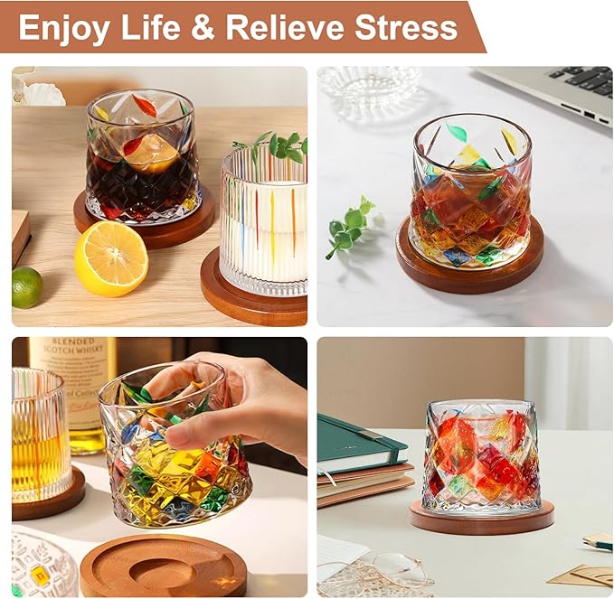 Rotatable Old Fashioned Glass Cup, 275ml/10oz Crystal Whiskey Glass Set of 2, Wood Coaster, Thickening, Used as Rum Glass, Cocktail, Coffee, Milk Cup to Relax and Reduce Stress